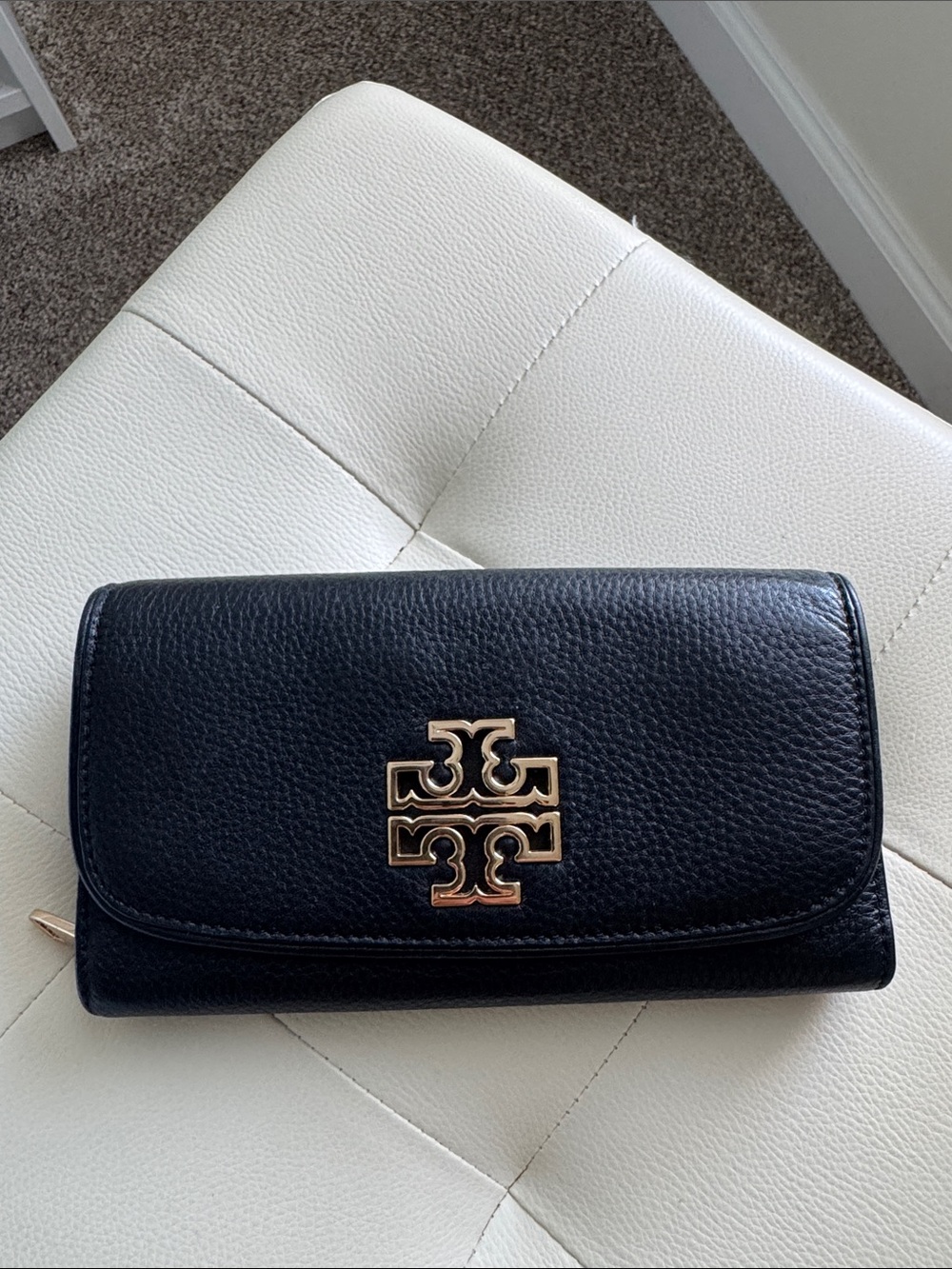 Tory Burch Black Leather Continental Wallet with Gold Logo